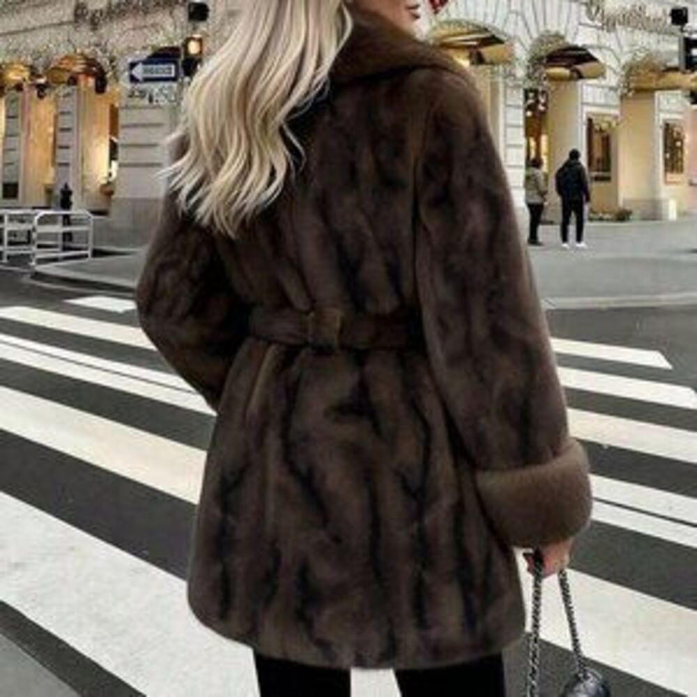 Coffee Brown Women's Christmas Faux Fur Long Sleeve Coat - Picture 2 of 5